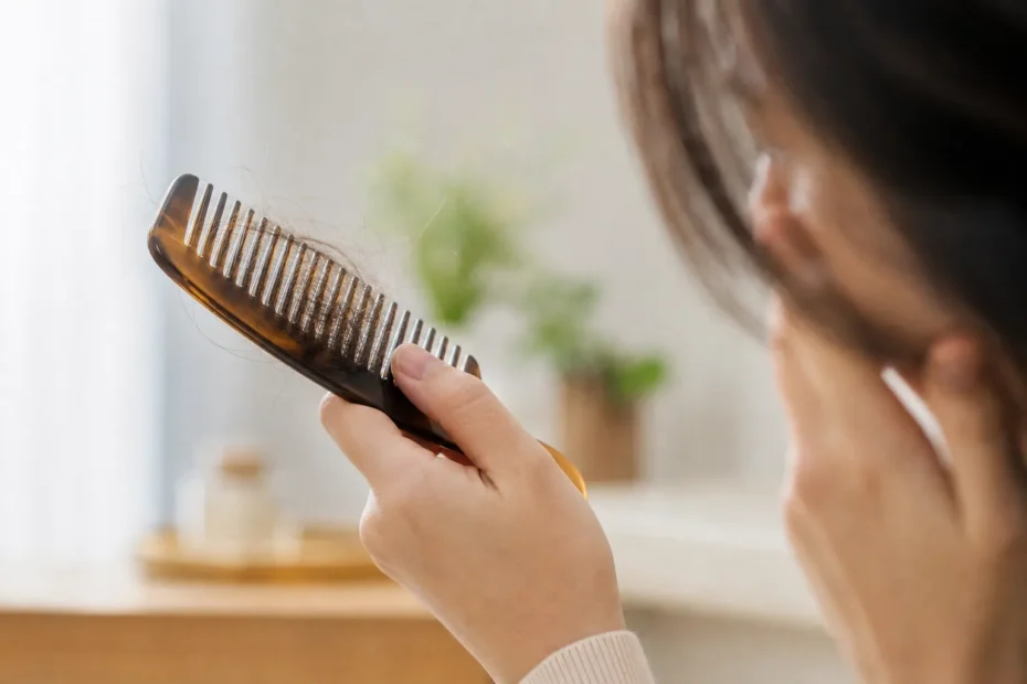 Persona adulta che osserva un pettine con alcuni capelli caduti, luce naturale, ambiente neutro