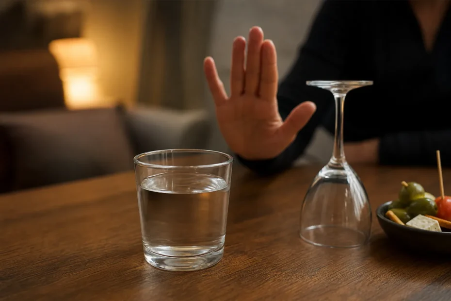 Tavolo di un aperitivo con un bicchiere d’acqua, un piccolo piatto di finger food e una persona che considera una bevanda