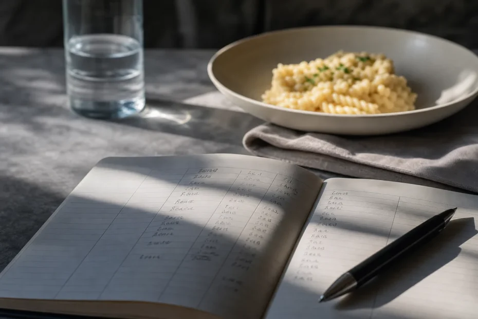 Mano che annota in un diario alimentare accanto a un piatto semplice e una tazza d'acqua