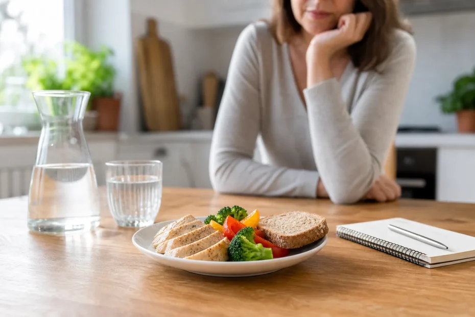 Tavolo da cucina con un piccolo piatto bilanciato, caraffa d'acqua e una tazza, persona adulta sfocata sullo sfondo.