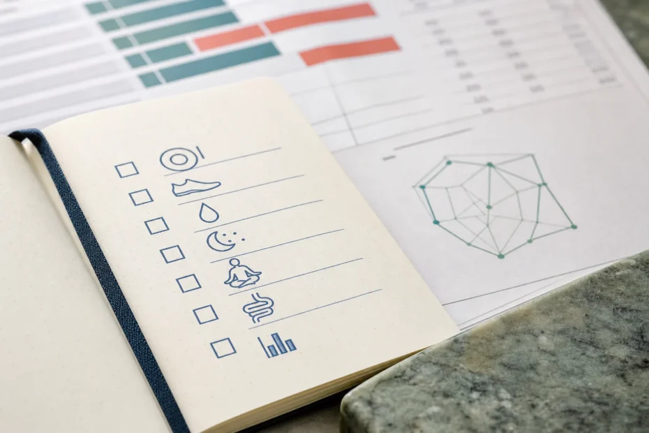 Taccuino clinico aperto con checklist nutrizionale, referti parziali e una penna su tavolo
