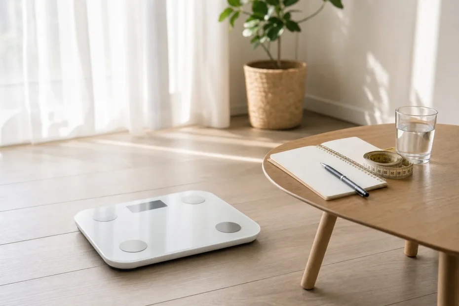 Bilancia digitale su pavimento chiaro accanto a taccuino, metro e una tazza d'acqua, luce naturale
