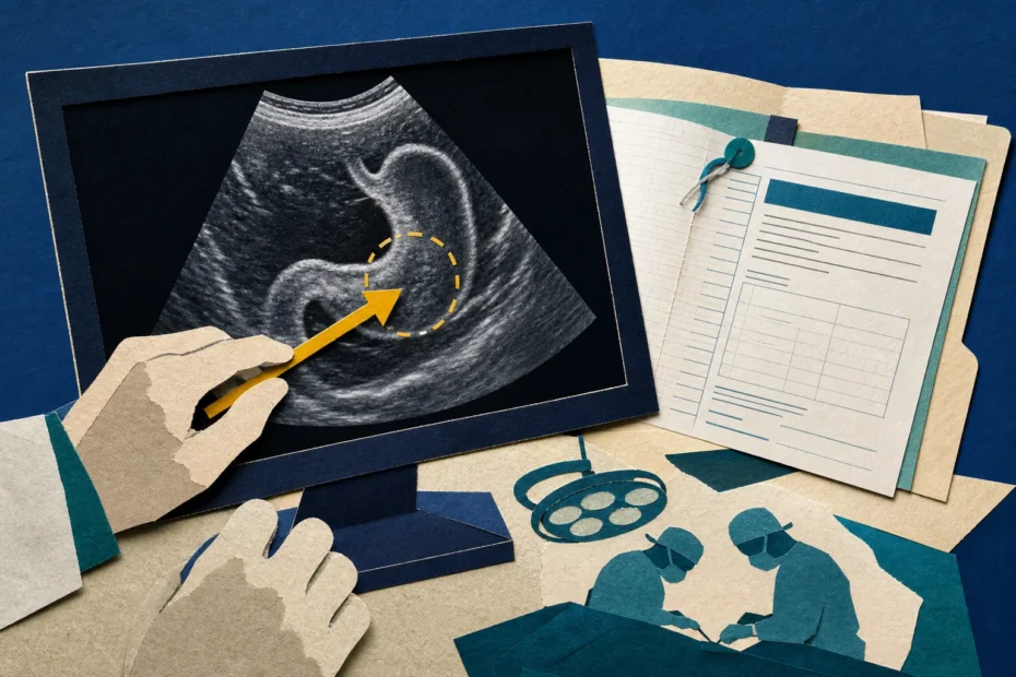 Ecografia gastrica su schermo con macchie indicative di contenuto gastrico e anestesista che consulta il referto
