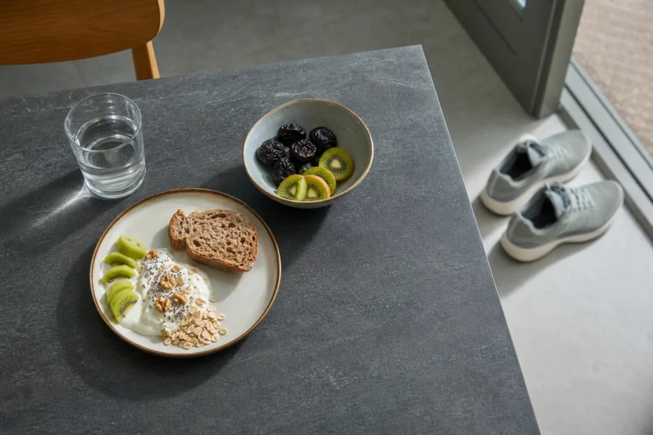 Colazione con piatto piccolo bilanciato, bicchiere d’acqua e una ciotola con prugne e kiwi sul tavolo