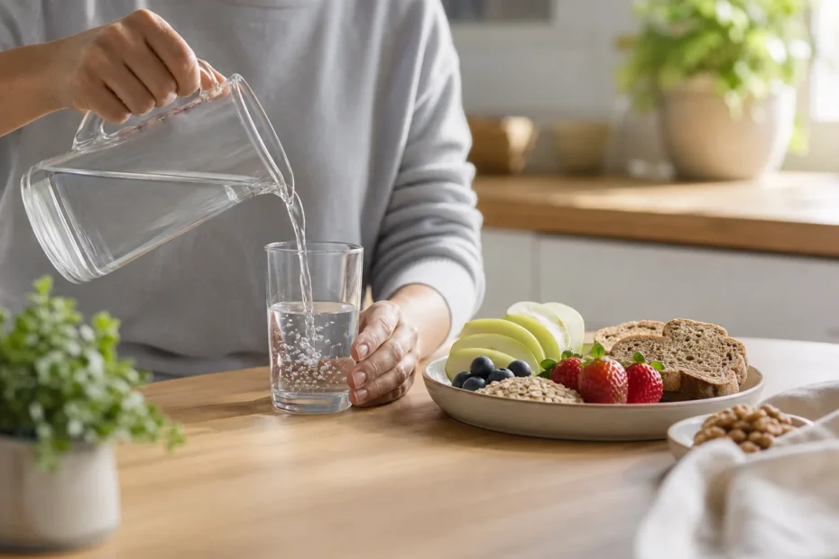 Persona in cucina che prepara un bicchiere d'acqua e un piatto con frutta e cereali integrali