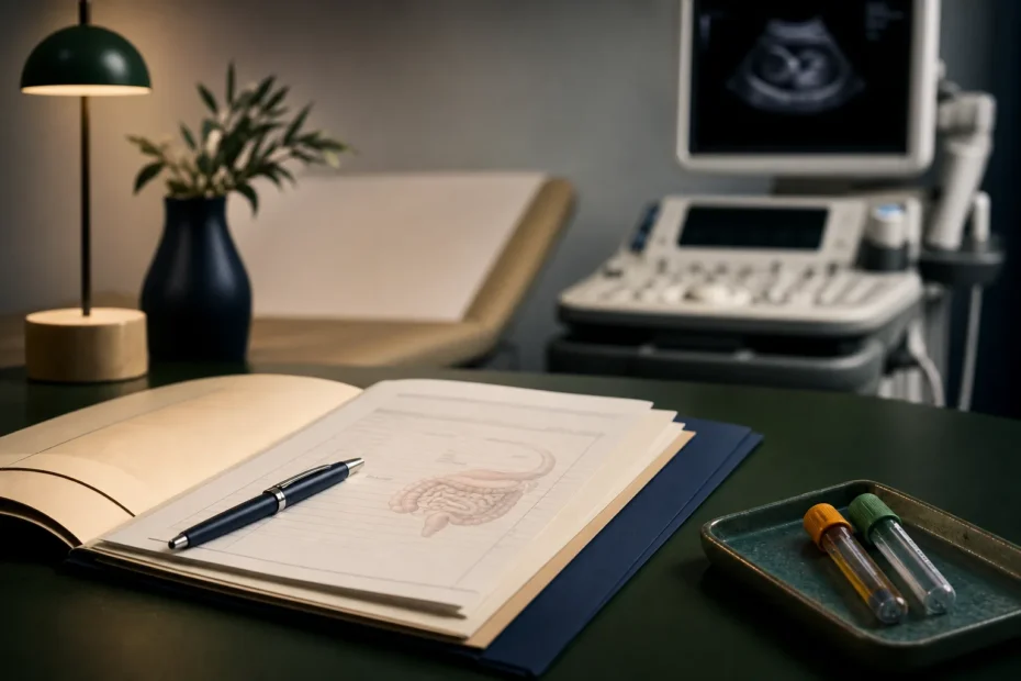 Scrivania ambulatoriale con cartella clinica aperta e referti di laboratorio accanto a una penna.