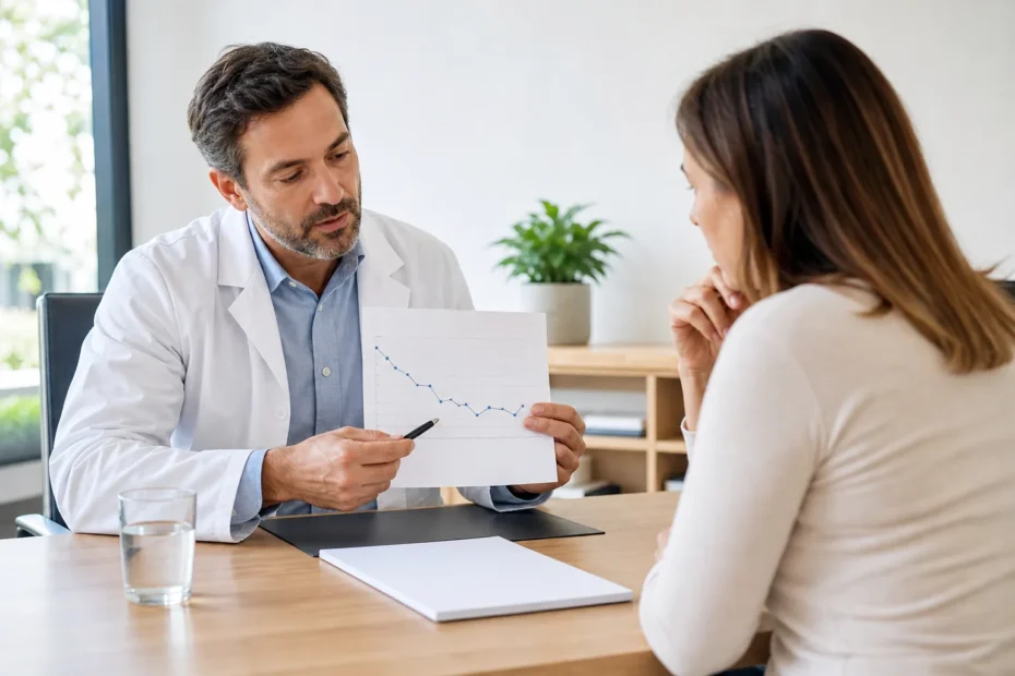 Paziente seduto insieme a un medico che esamina un grafico del peso su un foglio durante una consulenza