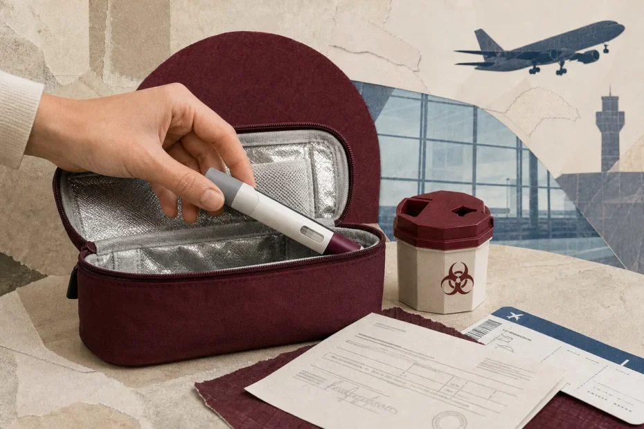 Borsa termica aperta con una penna per iniezione avvolta e un piccolo contenitore rigido per aghi accanto a un biglietto