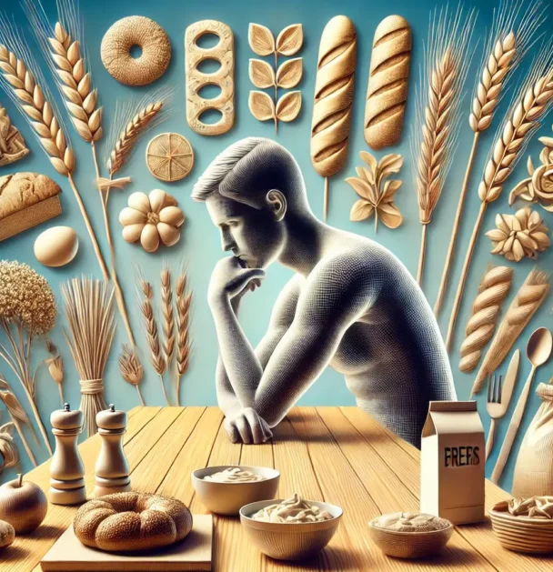 Illustrazione iperrealistica di una persona triste a tavola con rappresentazioni di alimenti a base di grano da evitare, come pane, pasta e prodotti da forno, simbolo delle difficoltà nella gestione dell’intolleranza al grano.