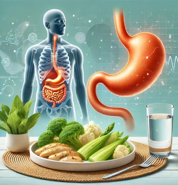 Rappresentazione di alimenti adatti per il reflusso gastroesofageo, come frutta non acida, cereali integrali e proteine magre.